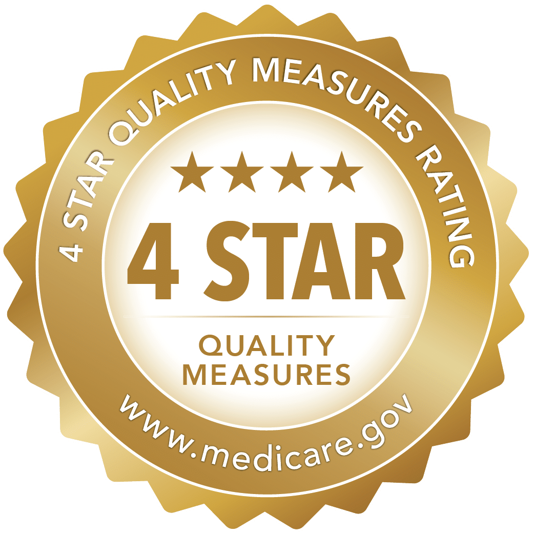 gold badge reading "four star quality measures rating" with the medicare.gov website on the bottom