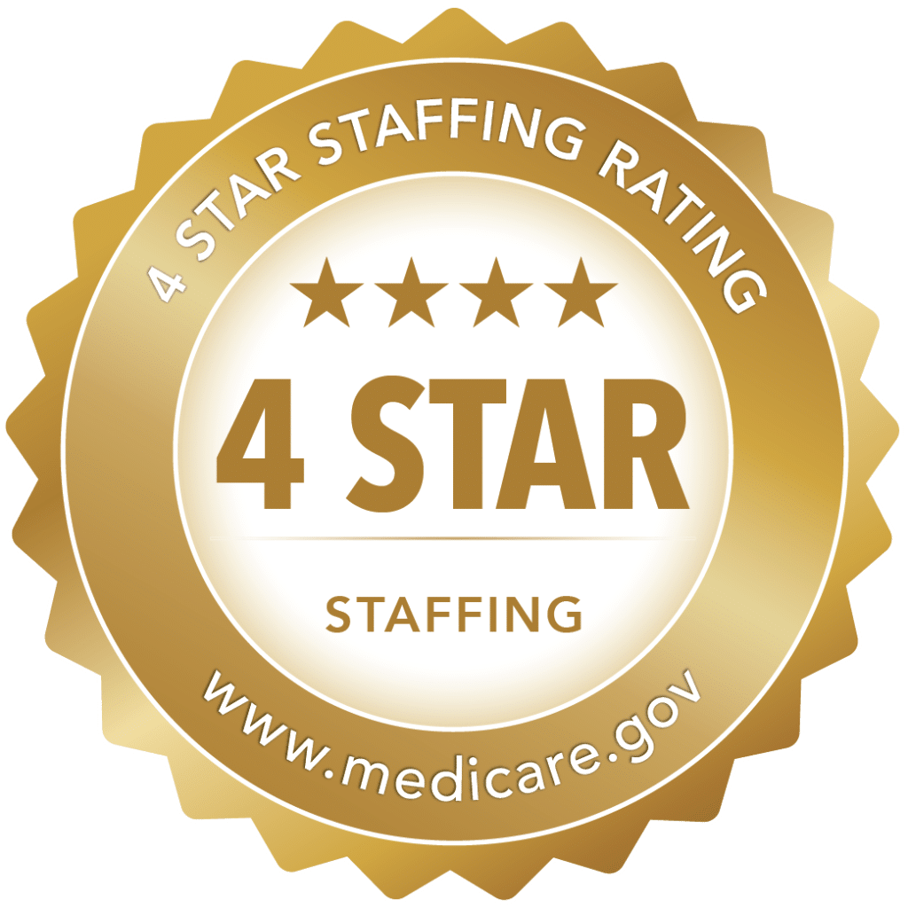 gold badge depicting words 4 star staffing rating for Medicare CMS ratings