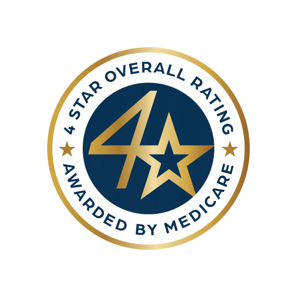4 Star Overall Awarded by Medicare award with navy background and gold outline
