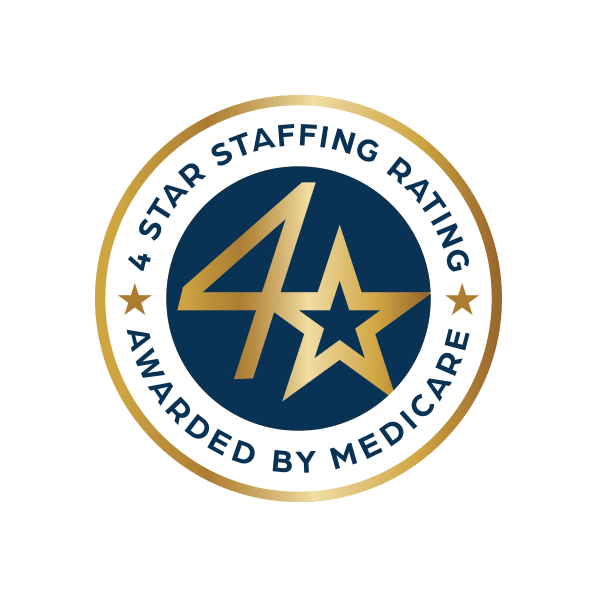 4 Star Staffing Awarded by Medicare award with navy background and gold outline