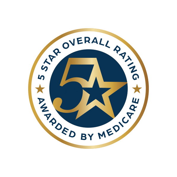 5 Star Overall Awarded by Medicare award with navy background and gold outline